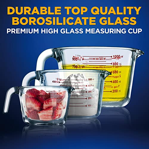 NutriChef 3 Pieces Measuring Cups - BPA-Free Premium Heat Resistant Borosilicate Glass Measuring Cups w/ Handle, Precise Measurement w/ Oz & Ml Scale, in 250ml 500ml & 1000ml, Microwave & Oven Safe