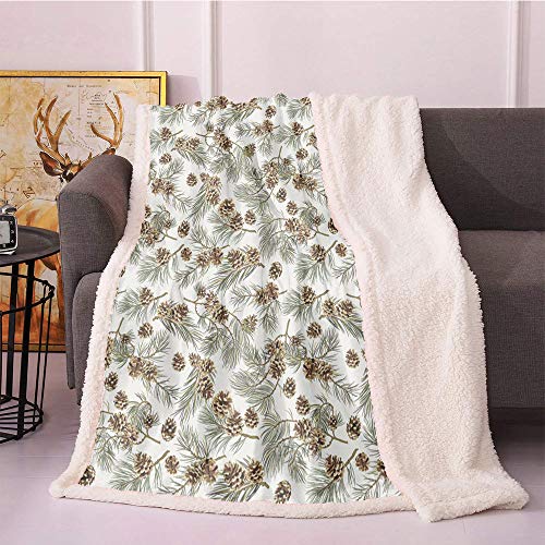 Pinecone Fleece Throw Blanket,Scenery Illustration of Hand Painted Pine Tree Branches and Sepia Cone Blanket Small Quilt,Warm Blanket(60x80,Brown Green)