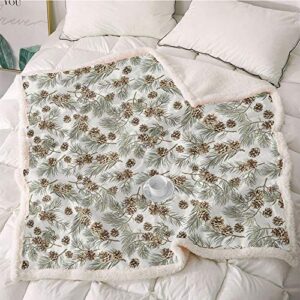 Pinecone Fleece Throw Blanket,Scenery Illustration of Hand Painted Pine Tree Branches and Sepia Cone Blanket Small Quilt,Warm Blanket(60x80,Brown Green)