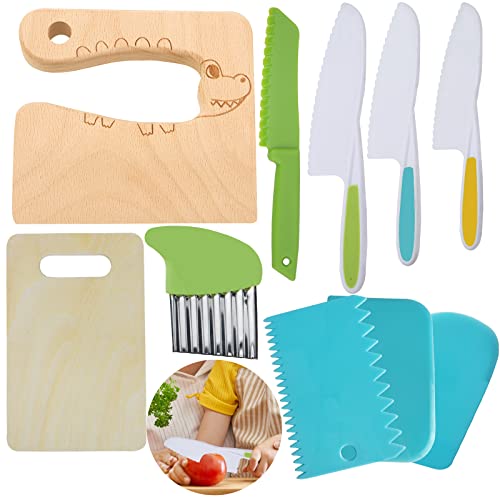 10 Pieces Wooden Kids Kitchen Knife Set, Include Wood Kids Knife Plastic Potato Slicers Cooking Knives Children's Safe Knifes Cake Scraper Kids Cute Rectangle Cutting Board