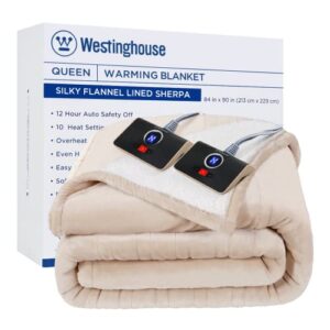 westinghouse heated blanket queen size, electric throw blanket with 10 heating levels, 12 hours auto off, overheat protection, machine washable, flannel to sherpa (queen, 84x90 inches, beige&ivory)
