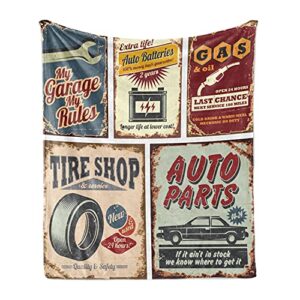 lunarable 1950s throw blanket, vintage car signs automobile advertising repair vehicle garage classics servicing, flannel fleece accent piece soft couch cover for adults, 70" x 90", burgundy