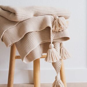 lumi living 100% soft cotton textured raised stripes rib knit throw blanket with tassels (neutral)