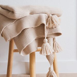 Lumi Living 100% Soft Cotton Textured Raised Stripes Rib Knit Throw Blanket with Tassels (Neutral)