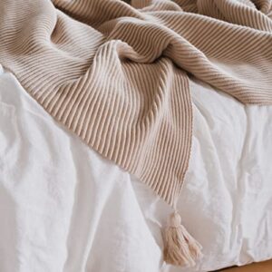 Lumi Living 100% Soft Cotton Textured Raised Stripes Rib Knit Throw Blanket with Tassels (Neutral)