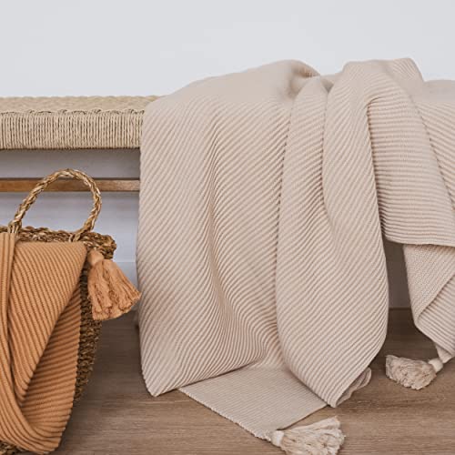 Lumi Living 100% Soft Cotton Textured Raised Stripes Rib Knit Throw Blanket with Tassels (Neutral)