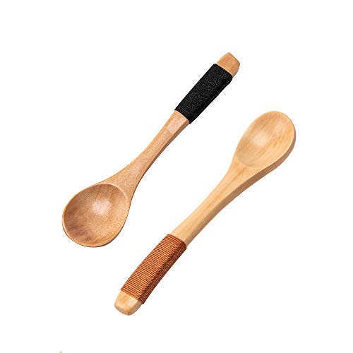 sansheng 4 Pcs Mini Wooden Spoons, Wood Soup Spoons for Eating Mixing Stirring Cooking, Handle Spoon with Japanese Style Kitchen Utensil, with Tied Line on Handle(13cm)