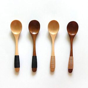 sansheng 4 pcs mini wooden spoons, wood soup spoons for eating mixing stirring cooking, handle spoon with japanese style kitchen utensil, with tied line on handle(13cm)