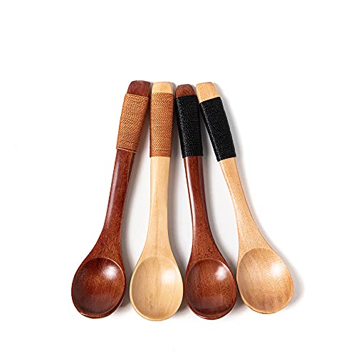 sansheng 4 Pcs Mini Wooden Spoons, Wood Soup Spoons for Eating Mixing Stirring Cooking, Handle Spoon with Japanese Style Kitchen Utensil, with Tied Line on Handle(13cm)