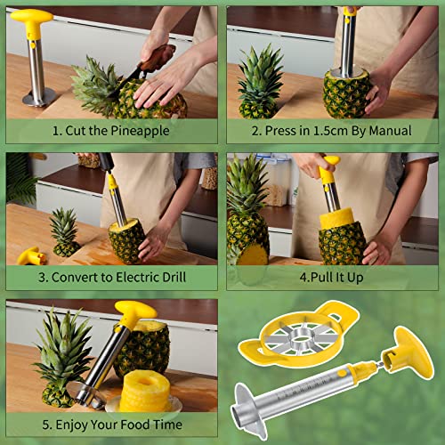 SZ LINGKE Pineapple Corer and Slicer Tool, [Upgraded, Electric & Manual] Stainless Steel Pineapple Cutter for Easy Core Removal and Slicing, Durable Pineapple Slicer with Electric Drill Accessory