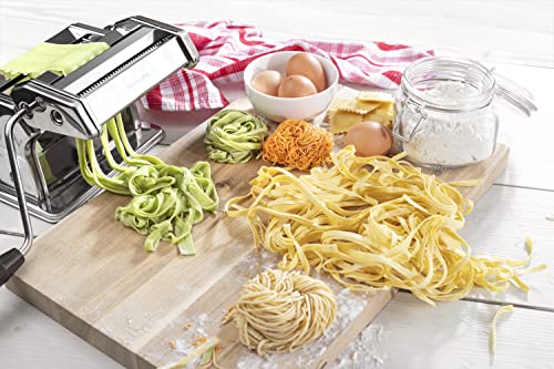 Pasta Maker Deluxe Set 5 pc Steel Machine w Spaghetti Fettuccini Roller Angel Hair Ravioli Noodle Lasagnette Cutter Attachments, Hand Crank & Clamp- Premium Quality for Homemade Italian Dinner Cooking