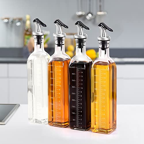 Showvigor Olive Oil Dispenser, Vinegar and Olive Oil Bottle Dispenser 500 ml/17 oz, Oil Bottles for Kitchen with 1 Pourers,2 Labels and 1 Funnel, Home Square Tall Glass Oil Container As Gift