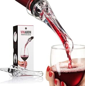 vinabon wine aerator pourer spout - professional quality 2-in-1 attaches to any wine bottle for improved flavor, enhanced bouquet, rich finish and bubbles, no-drip or spill. includes wineguide ebook