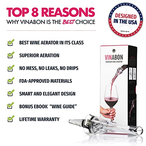 VINABON Wine Aerator Pourer Spout - Professional Quality 2-in-1 Attaches to Any Wine Bottle for Improved Flavor, Enhanced Bouquet, Rich Finish and Bubbles, No-Drip or Spill. Includes WineGuide Ebook