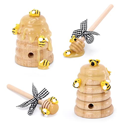 Bee Tiered Tray Decor with Wooden Fake Honey Hive Dippers Bumble Bee Gifts for Women Decorations for Spring Summer Farmhouse Home Kitchen Shelf Rustic Housewarming Display Party Supplies Set of 4