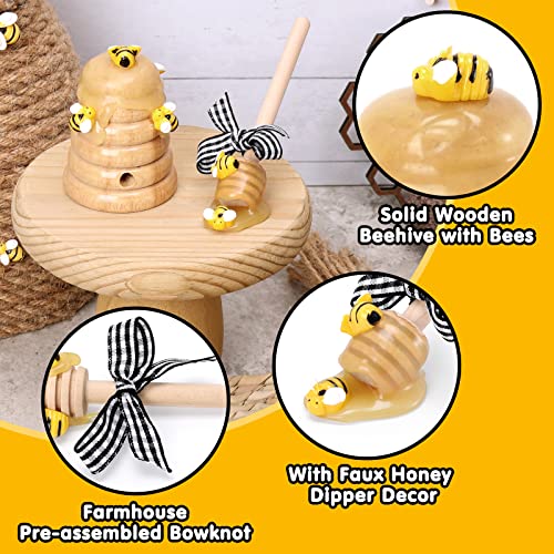 Bee Tiered Tray Decor with Wooden Fake Honey Hive Dippers Bumble Bee Gifts for Women Decorations for Spring Summer Farmhouse Home Kitchen Shelf Rustic Housewarming Display Party Supplies Set of 4