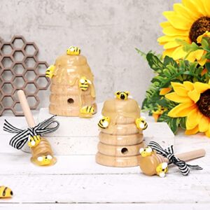 Bee Tiered Tray Decor with Wooden Fake Honey Hive Dippers Bumble Bee Gifts for Women Decorations for Spring Summer Farmhouse Home Kitchen Shelf Rustic Housewarming Display Party Supplies Set of 4