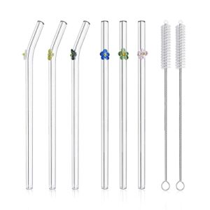 6-pack reusable glass straws with flowers,glass straws shatter resistant,8''x8 mm,6 bent with 2 cleaning brushes - perfect for smoothies, milkshakes, tea, juice - dishwasher safe