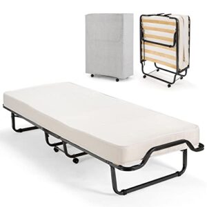 goflame folding bed with memory foam mattress, portable rollaway guest bed with heavy-duty steel frame & rolling casters, sleeper bed cot size for adults & kids, dustproof cover included