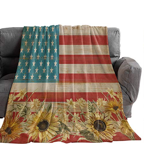 Possta Decor Retro American Flag with Farm Sunflowers Throw Blanket, Lightweight Cozy Warm Throws Wooden Texture, Super Soft Fuzzy Plush TV Blankets for Living Room Bedroom Bed Couch Chair