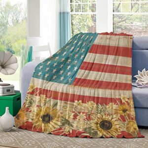 Possta Decor Retro American Flag with Farm Sunflowers Throw Blanket, Lightweight Cozy Warm Throws Wooden Texture, Super Soft Fuzzy Plush TV Blankets for Living Room Bedroom Bed Couch Chair
