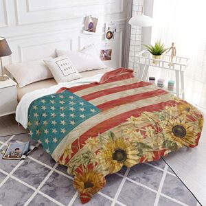 Possta Decor Retro American Flag with Farm Sunflowers Throw Blanket, Lightweight Cozy Warm Throws Wooden Texture, Super Soft Fuzzy Plush TV Blankets for Living Room Bedroom Bed Couch Chair