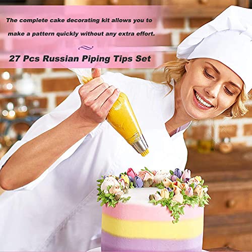 Suuker 27 Pcs Russian Piping Tips Set, Cake Decorating Tips Baking Supplies for Cupcake Cookies Birthday Party (12 Icing Tips 10 Pastry Baking Bags 2 Leaf Piping Tips 2 Couplers 1 Silicone Bag)