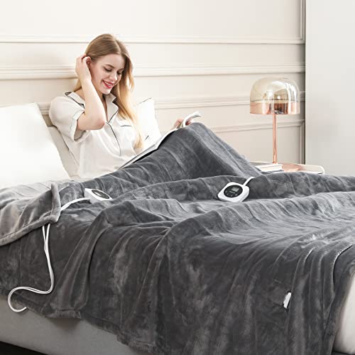 HOMLYNS Electric Blanket Queen Size Dual Control, Heated Blanket with 1-12H Timer Auto-Off & 10 Heating Levels, Fast Heating Blanket Machine Washable, Home Office Use ETL Certified, Grey (84x90)