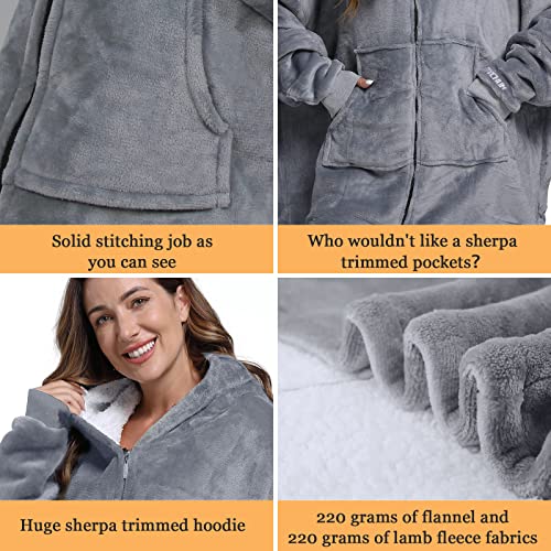 Aptoco Oversized Wearable Blanket Hoodies, Plus Size Soft Sherpa Blanket Sweatshirt w/ Giant Pocket Comfy Sweatshirt Blanket Thick Warm Hoodie for Adult Teen & Kids, One Size Fits All(Gray) (Medium)