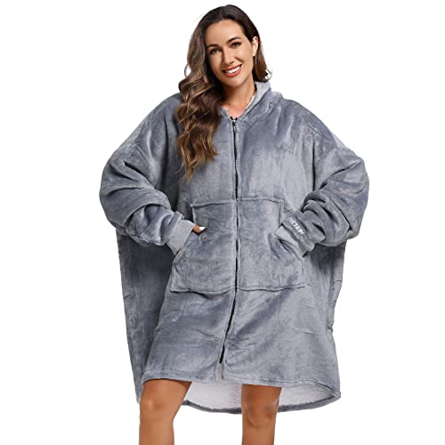 Aptoco Oversized Wearable Blanket Hoodies, Plus Size Soft Sherpa Blanket Sweatshirt w/ Giant Pocket Comfy Sweatshirt Blanket Thick Warm Hoodie for Adult Teen & Kids, One Size Fits All(Gray) (Medium)