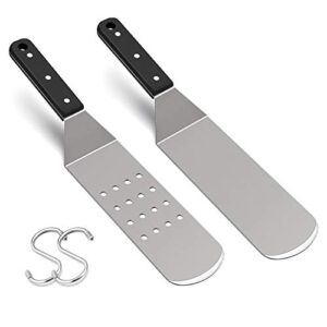 metal griddle spatula, hasteel stainless steel long spatula with riveted handle, heavy duty perforated & solid spatula burger turner for teppanyaki bbq flat top grilling cooking, dishwasher safe