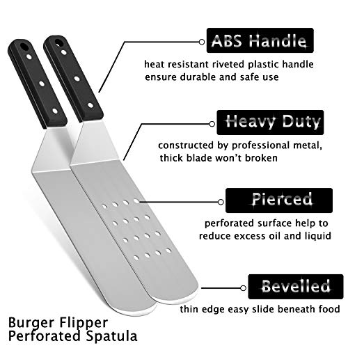 Metal Griddle Spatula, HaSteeL Stainless Steel Long Spatula with Riveted Handle, Heavy Duty Perforated & Solid Spatula Burger Turner for Teppanyaki BBQ Flat Top Grilling Cooking, Dishwasher Safe