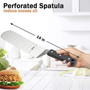 Metal Griddle Spatula, HaSteeL Stainless Steel Long Spatula with Riveted Handle, Heavy Duty Perforated & Solid Spatula Burger Turner for Teppanyaki BBQ Flat Top Grilling Cooking, Dishwasher Safe