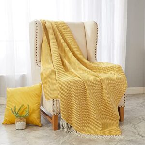 PHF Acrylic Waffle Weave Knit Throw Blanket 50 x 60 inches, Lightweight Soft Cozy Decorative Woven Blanket with Tassels for Couch, Bed, Sofa, Chair, Home Travel, Suitable for All Seasons, Ginger