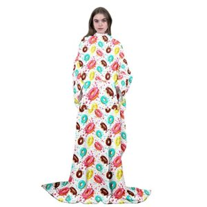 jejeloiu chocolate doughnut fleece blanket with sleeves for women,whimsical dessert wearable blanket warm cozy, abstract desserts food super soft sleeved throw with arm, 50"x70", colorful