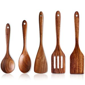 5 pcs best wooden spoons for cooking kitchen utensils set non stick spoon acacia wood utensil cooking spatula turner slotted spoon flat wooden spatula set mixing cooking spoons kitchen utensils
