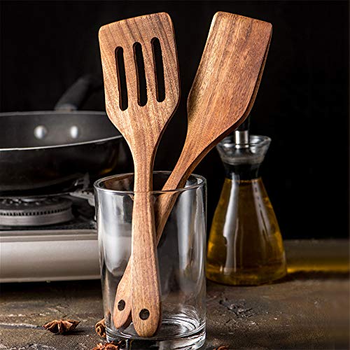 5 Pcs Best Wooden Spoons for Cooking Kitchen Utensils Set Non Stick Spoon Acacia Wood Utensil Cooking Spatula Turner Slotted Spoon Flat Wooden Spatula Set Mixing Cooking Spoons Kitchen Utensils