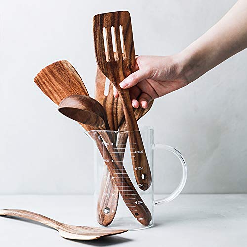 5 Pcs Best Wooden Spoons for Cooking Kitchen Utensils Set Non Stick Spoon Acacia Wood Utensil Cooking Spatula Turner Slotted Spoon Flat Wooden Spatula Set Mixing Cooking Spoons Kitchen Utensils