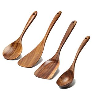 5 Pcs Best Wooden Spoons for Cooking Kitchen Utensils Set Non Stick Spoon Acacia Wood Utensil Cooking Spatula Turner Slotted Spoon Flat Wooden Spatula Set Mixing Cooking Spoons Kitchen Utensils