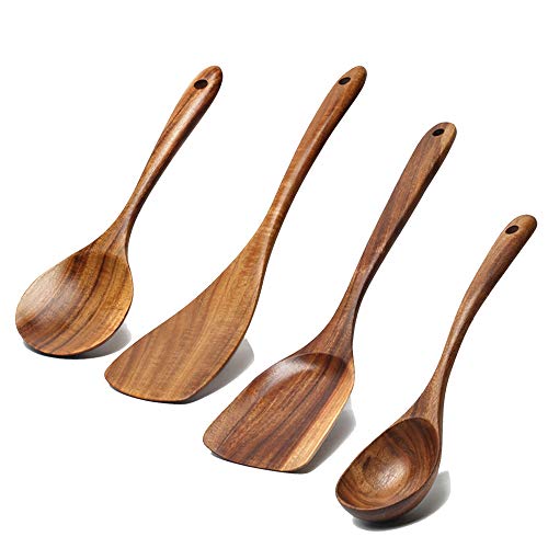 5 Pcs Best Wooden Spoons for Cooking Kitchen Utensils Set Non Stick Spoon Acacia Wood Utensil Cooking Spatula Turner Slotted Spoon Flat Wooden Spatula Set Mixing Cooking Spoons Kitchen Utensils