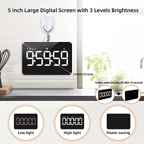 Rechargeable Digital Kitchen Timer for Cooking, Magnetic Timers with Countdown/up, Kids Timer with 5”LED Display 3 Brightness 4 Volume Adjustable for Classroom/Office/Home/Work/Study/Fitness/Game