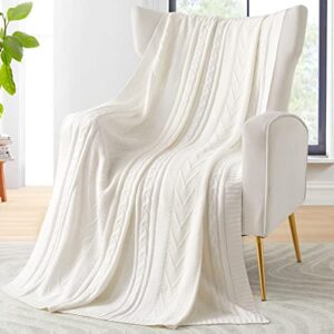 eychei ivory white knitted throw blanket,lightweight decorative knitted blanket,warm and soft throw blanket for sofa couch bed chair 50"x60"