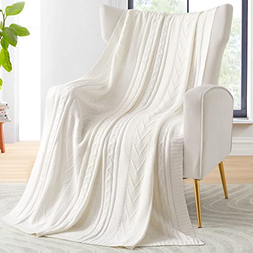 Eychei Ivory White Knitted Throw Blanket,Lightweight Decorative Knitted Blanket,Warm and Soft Throw Blanket for Sofa Couch Bed Chair 50"x60"