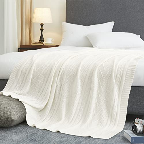 Eychei Ivory White Knitted Throw Blanket,Lightweight Decorative Knitted Blanket,Warm and Soft Throw Blanket for Sofa Couch Bed Chair 50"x60"