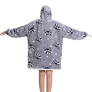 LUSJNGE Adult Sherpa Wearable Blanket Hoodie for Women Teen Girls Giant Hooded Blanket Sweatshirt Fluffy Comfy Fleece Snuggie Blankets with Sleeves Raccoons