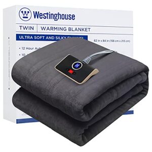 westinghouse heated blanket, electric throw blanket with 10 heating levels, 12 hours auto off, overheat protection, machine washable, flannel (twin, 62x84 inches, charcoal)