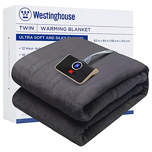 Westinghouse Heated Blanket, Electric Throw Blanket with 10 Heating Levels, 12 Hours Auto Off, Overheat Protection, Machine Washable, Flannel (Twin, 62x84 Inches, Charcoal)