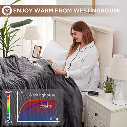 Westinghouse Heated Blanket, Electric Throw Blanket with 10 Heating Levels, 12 Hours Auto Off, Overheat Protection, Machine Washable, Flannel (Twin, 62x84 Inches, Charcoal)