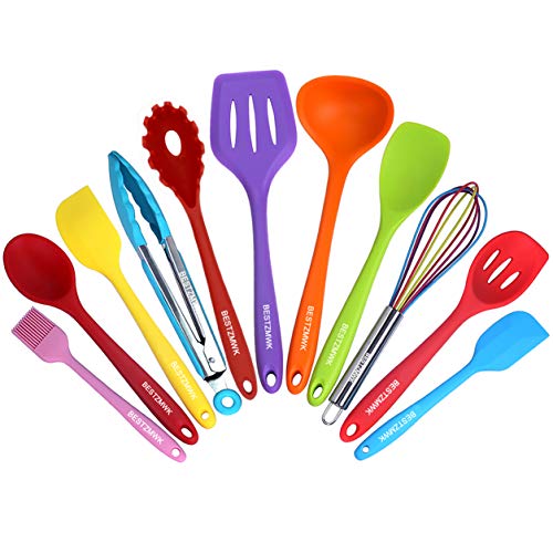 Kitchen Utensil Set - 11 Cooking Utensils - Colorful Silicone Kitchen Utensils - Nonstick Cookware with Spatula Set - Colored Best Kitchen Tools Kitchen Gadgets