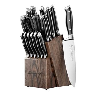 emojoy knife set, 18-piece kitchen knife set with block wooden, manual sharpening for chef knife set, german stainless steel
